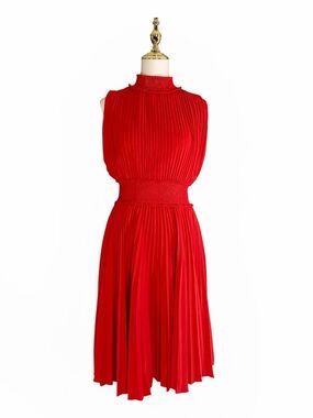 Nanette Lepore Dress Vibrant Red Pleated Sleeveless Midi with Mock Neck Size 8
